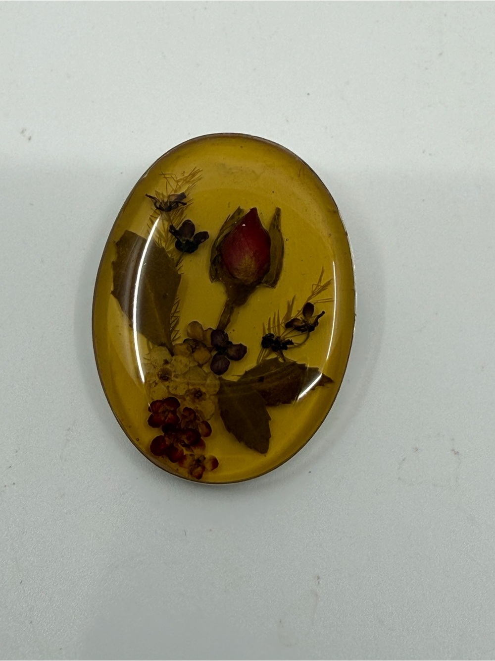 Vintage Pressed dried Flower Resin Oval brooch / pendant Mexico 925 silver